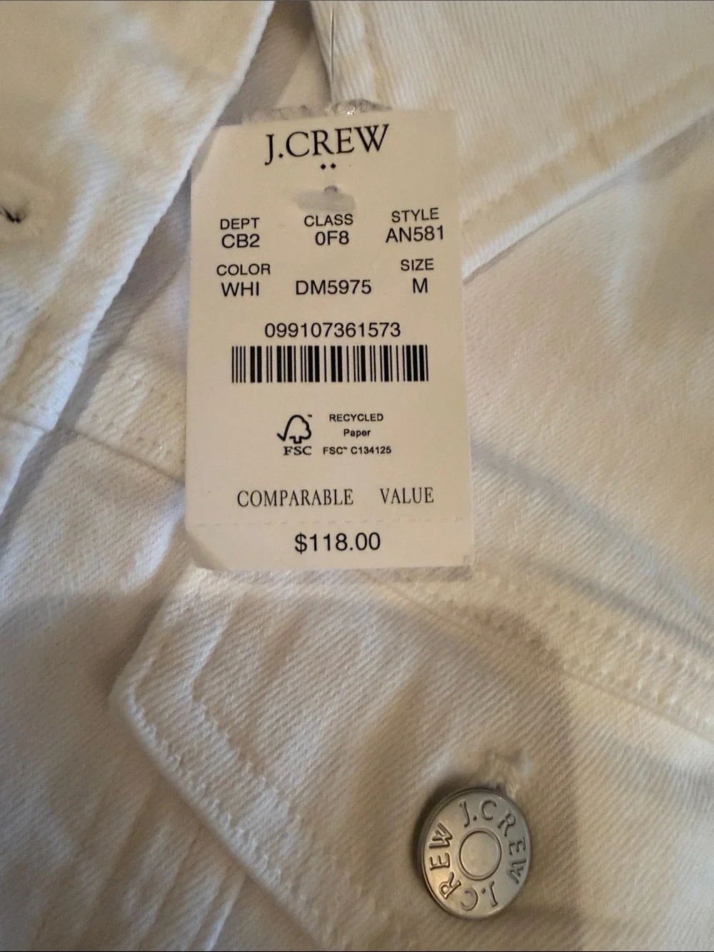 NWT J.Crew White Denim Jacket Women’s Medium Classic Button Front Trucker
